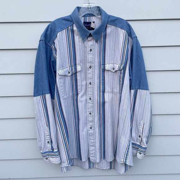 Wrangler Other - VTG Wrangler Shirt Blue Denim Stripe Brushpopper Western X-Long Tails 17.5/35 XL
